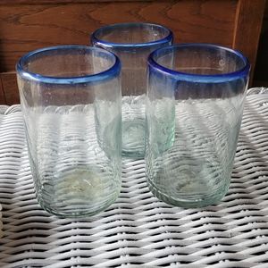 3 Handblown Blue-Rimmed Glasses
